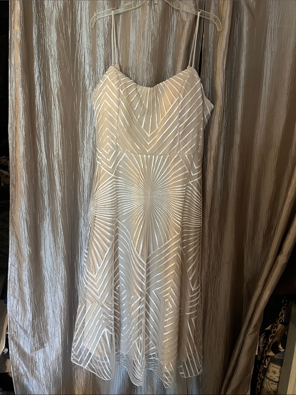 Spaghetti Strap White Beaded Layered Geometric Midi Dress